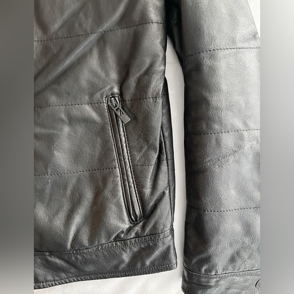 Vintage Cafe Racer Moto Leather Jacket with Red & Tan Chest Stripes - Picture 8 of 14